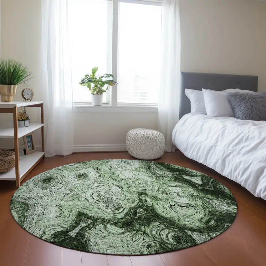 8' Artichoke Green And Emerald Round Abstract Washable Indoor Outdoor Area Rug Photo 6