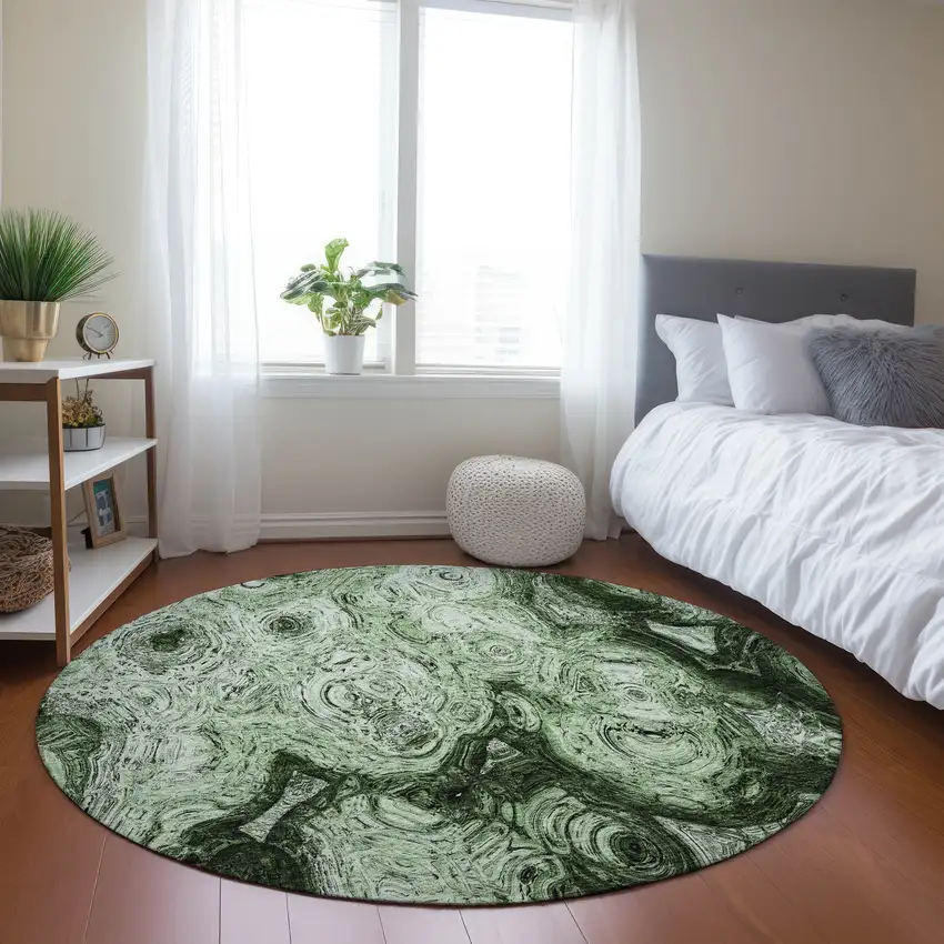 8' Artichoke Green And Emerald Round Abstract Washable Indoor Outdoor Area Rug Photo 6