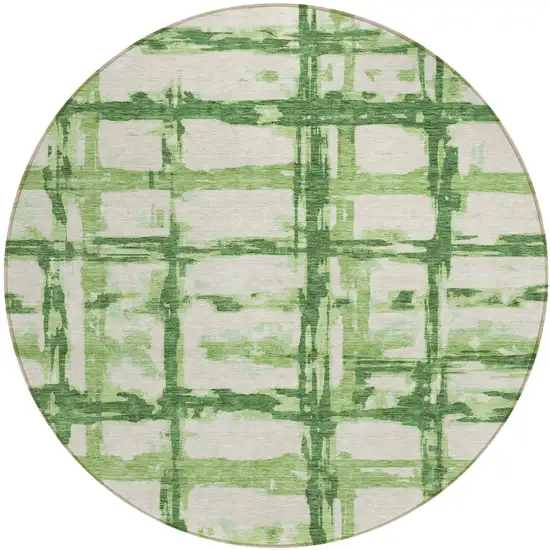 8' Artichoke Green And Emerald Round Striped Washable Indoor Outdoor Area Rug Photo 1