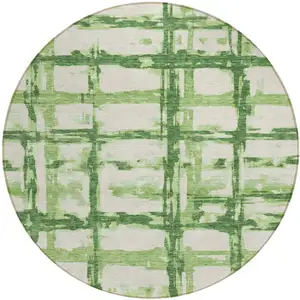Photo of 8' Artichoke Green And Emerald Round Striped Washable Indoor Outdoor Area Rug