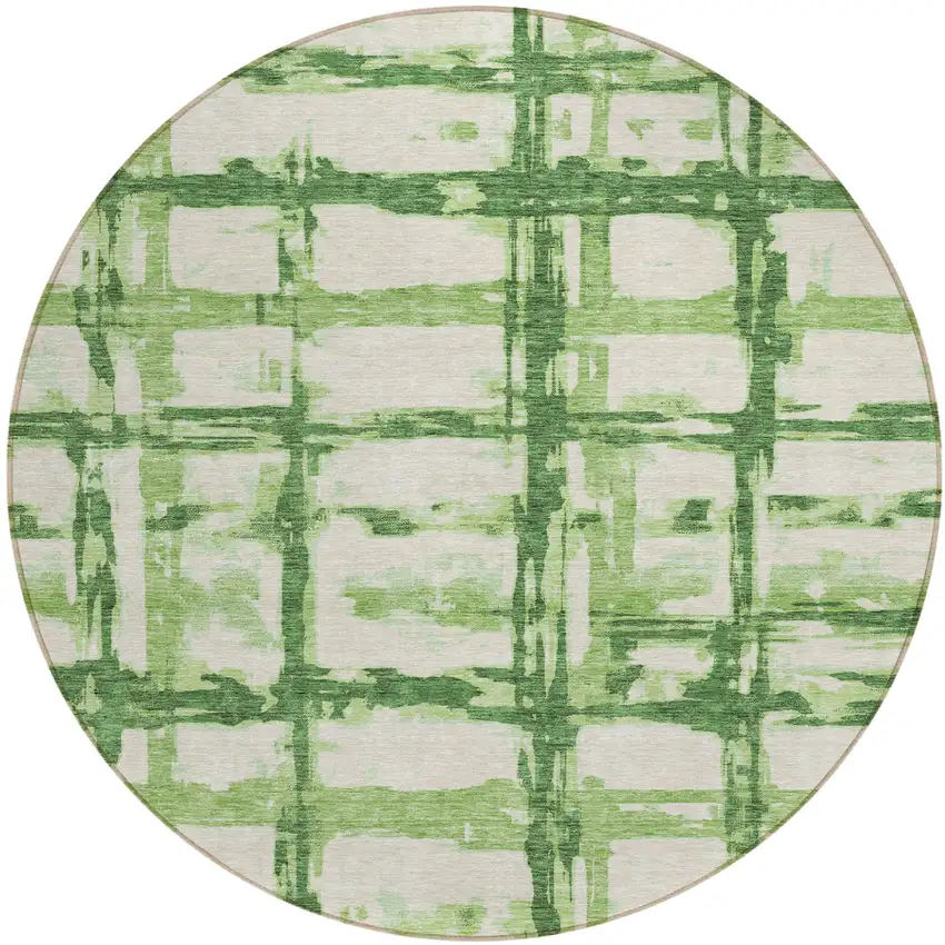 8' Artichoke Green And Emerald Round Striped Washable Indoor Outdoor Area Rug Photo 1