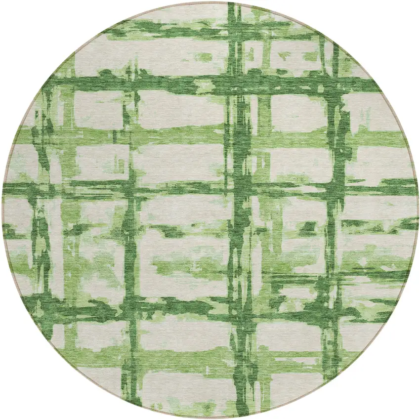 8' Artichoke Green And Emerald Round Striped Washable Indoor Outdoor Area Rug Photo 1