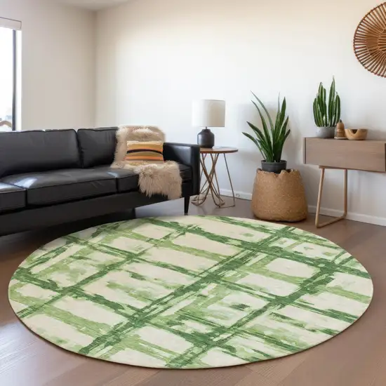8' Artichoke Green And Emerald Round Striped Washable Indoor Outdoor Area Rug Photo 7