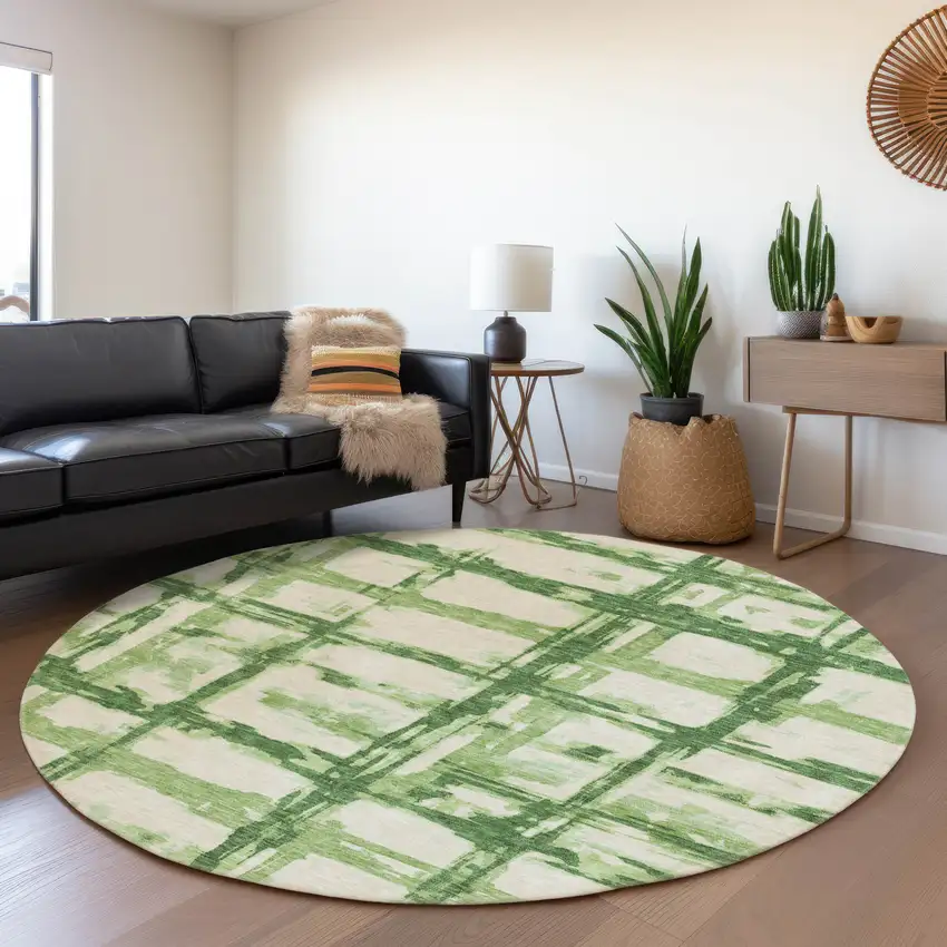 8' Artichoke Green And Emerald Round Striped Washable Indoor Outdoor Area Rug Photo 7