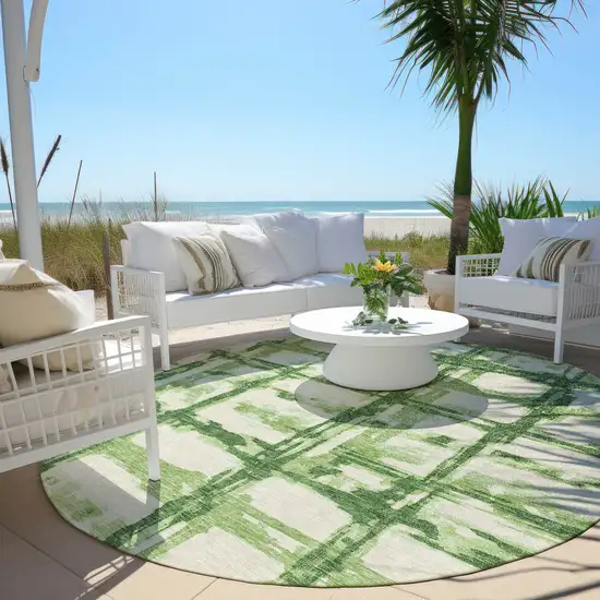 8' Artichoke Green And Emerald Round Striped Washable Indoor Outdoor Area Rug Photo 6
