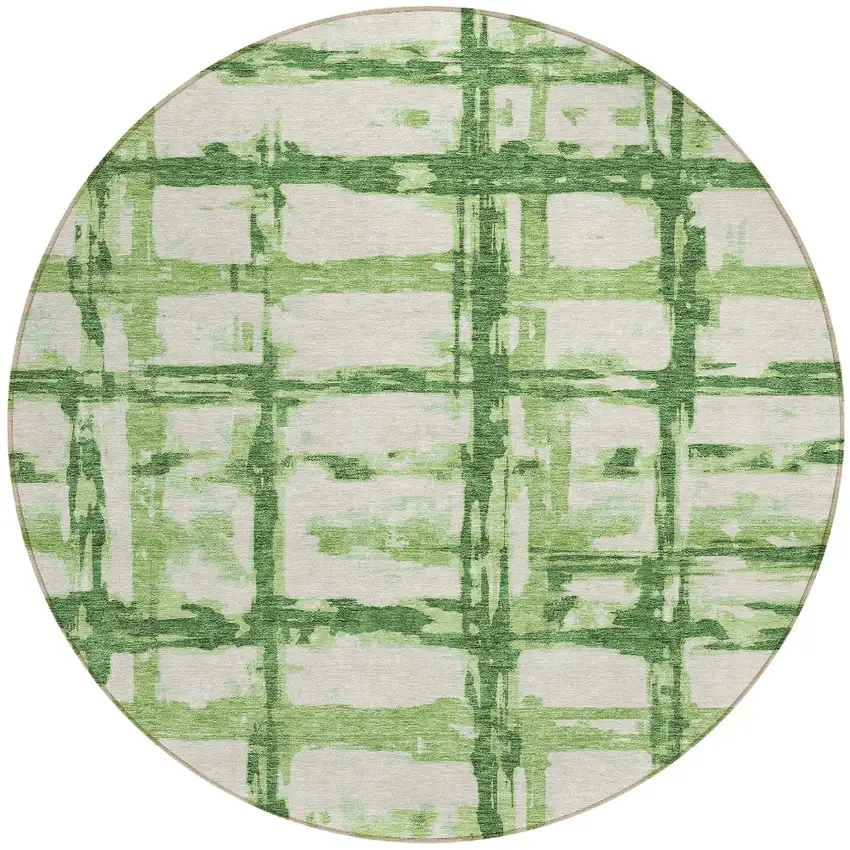 8' Artichoke Green And Emerald Round Striped Washable Indoor Outdoor Area Rug Photo 6