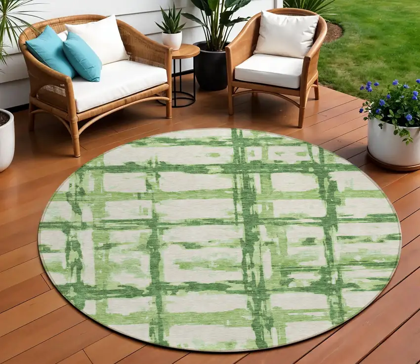 8' Artichoke Green And Emerald Round Striped Washable Indoor Outdoor Area Rug Photo 1