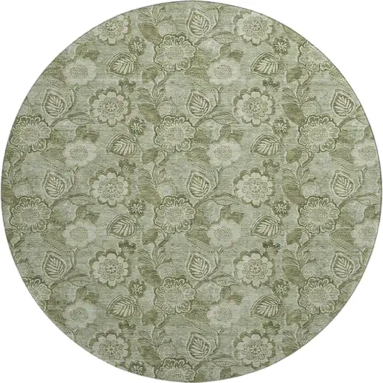 8' Artichoke Green And Fern Green Floral Washable Round Rug With UV Protection Photo 1