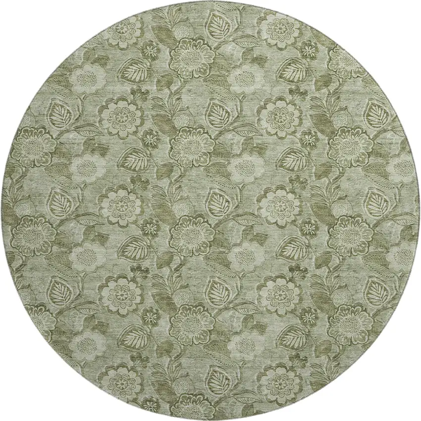 8' Artichoke Green And Fern Green Floral Washable Round Rug With UV Protection Photo 1