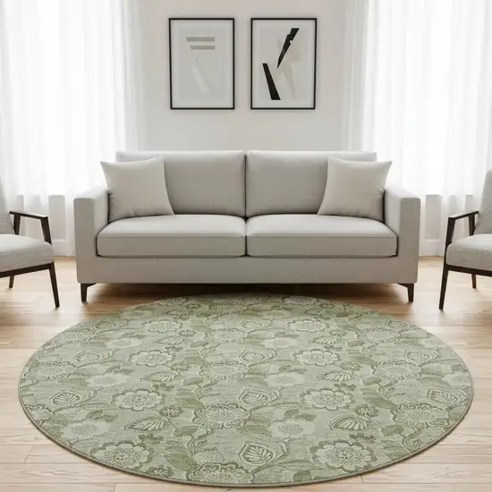 8' Artichoke Green And Fern Green Floral Washable Round Rug With UV Protection Photo 2