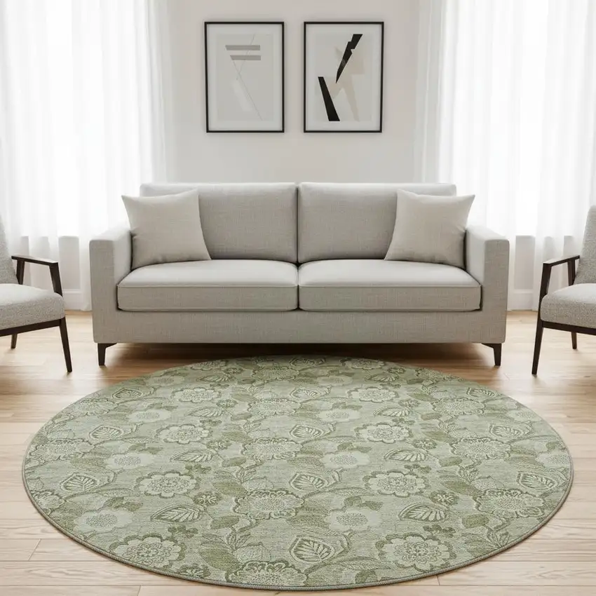8' Artichoke Green And Fern Green Floral Washable Round Rug With UV Protection Photo 2