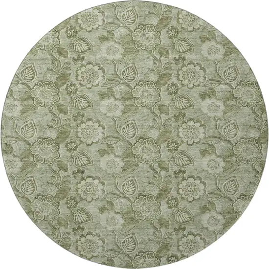 8' Artichoke Green And Fern Green Floral Washable Round Rug With UV Protection Photo 4