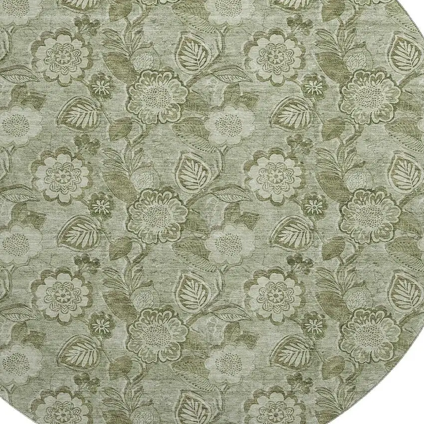 8' Artichoke Green And Fern Green Floral Washable Round Rug With UV Protection Photo 3