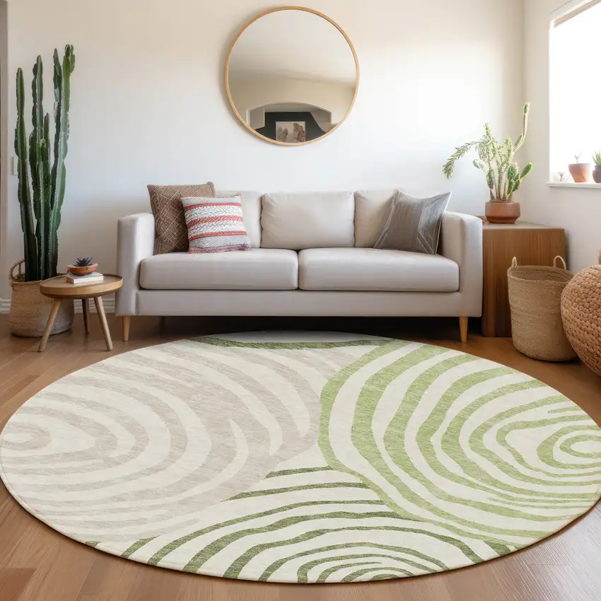 8' Artichoke Green And Fern Green Round Abstract Washable Indoor Outdoor Area Rug Photo 8
