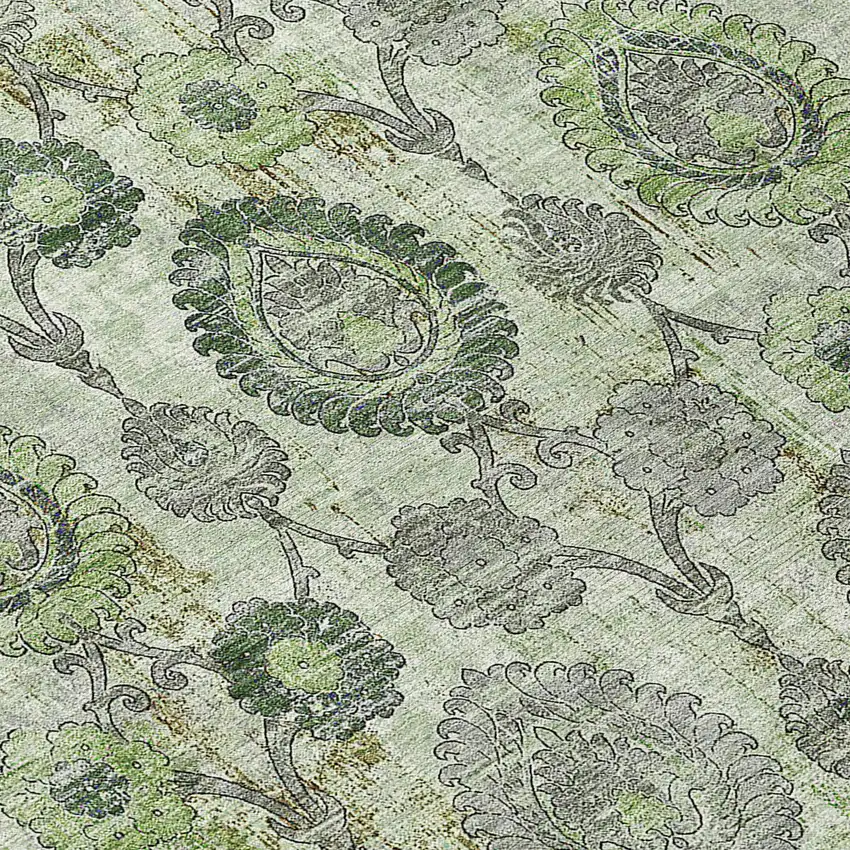 8' Artichoke Green And Fern Green Round Damask Washable Indoor Outdoor Area Rug Photo 8