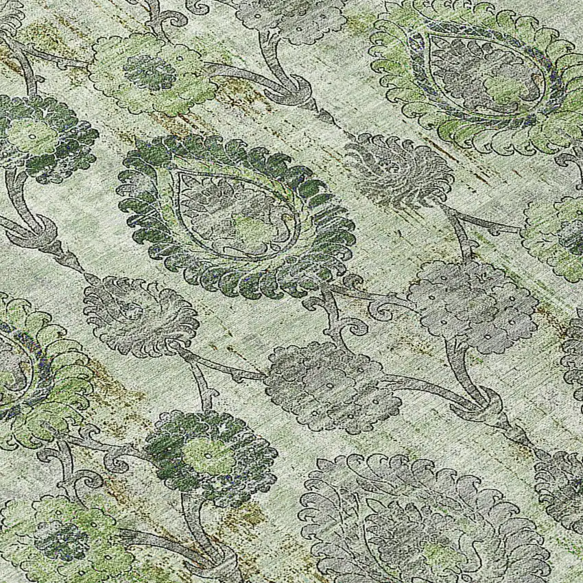 8' Artichoke Green And Fern Green Round Damask Washable Indoor Outdoor Area Rug Photo 8