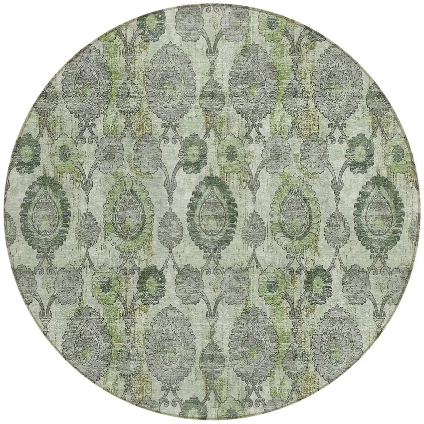 8' Artichoke Green And Fern Green Round Damask Washable Indoor Outdoor Area Rug Photo 5