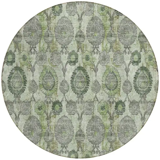 8' Artichoke Green And Fern Green Round Damask Washable Indoor Outdoor Area Rug Photo 5
