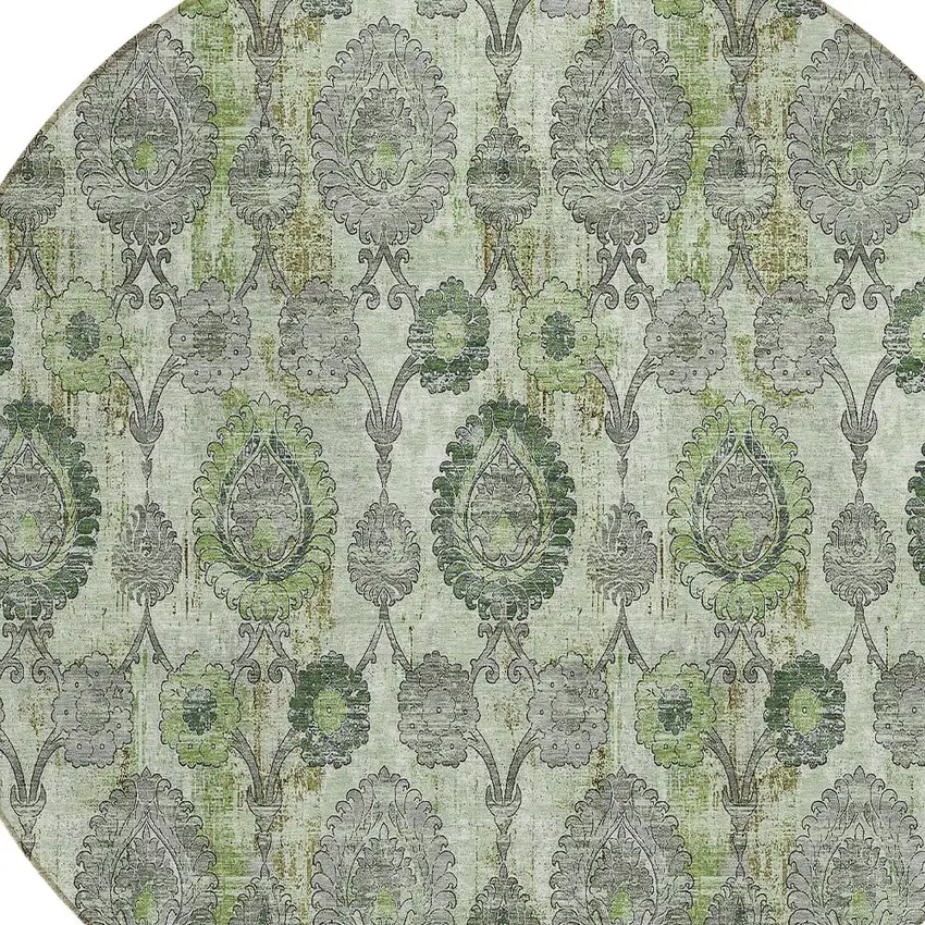 8' Artichoke Green And Fern Green Round Damask Washable Indoor Outdoor Area Rug Photo 4
