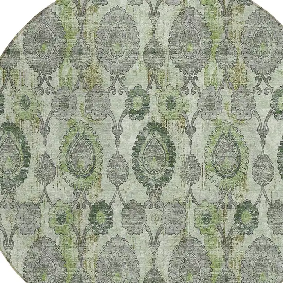8' Artichoke Green And Fern Green Round Damask Washable Indoor Outdoor Area Rug Photo 4