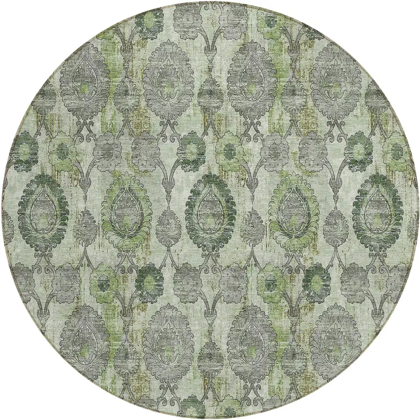 8' Artichoke Green And Fern Green Round Damask Washable Indoor Outdoor Area Rug Photo 2
