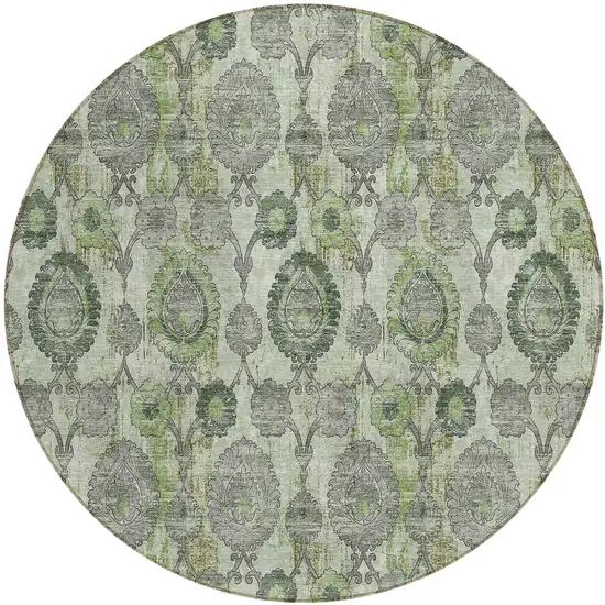 8' Artichoke Green And Fern Green Round Damask Washable Indoor Outdoor Area Rug Photo 2
