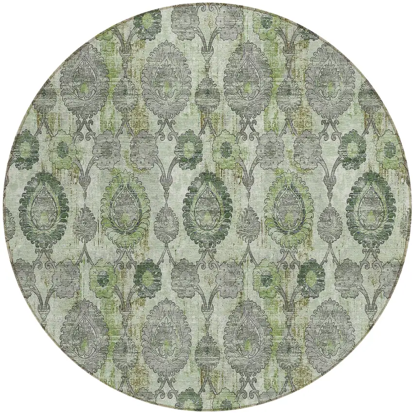 8' Artichoke Green And Fern Green Round Damask Washable Indoor Outdoor Area Rug Photo 2