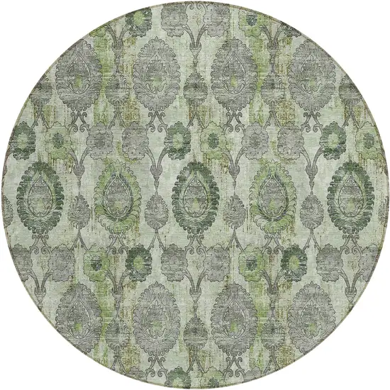 8' Artichoke Green And Fern Green Round Damask Washable Indoor Outdoor Area Rug Photo 2
