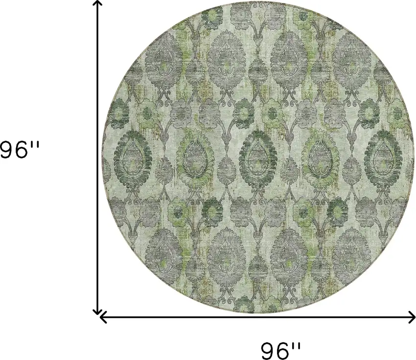 8' Artichoke Green And Fern Green Round Damask Washable Indoor Outdoor Area Rug Photo 3