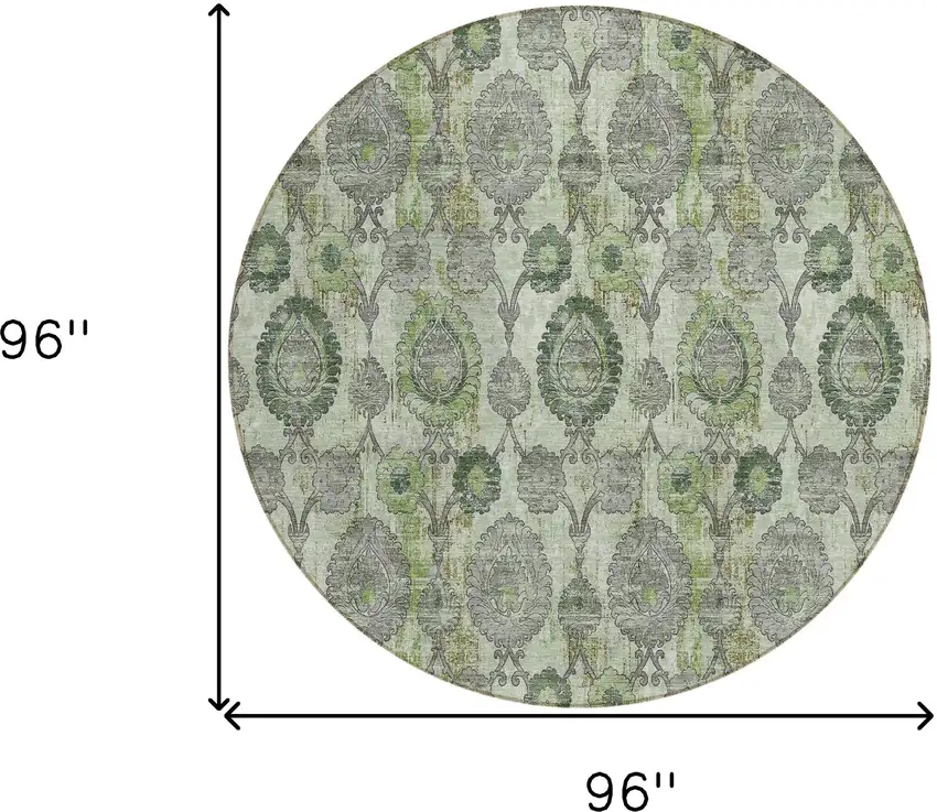 8' Artichoke Green And Fern Green Round Damask Washable Indoor Outdoor Area Rug Photo 3