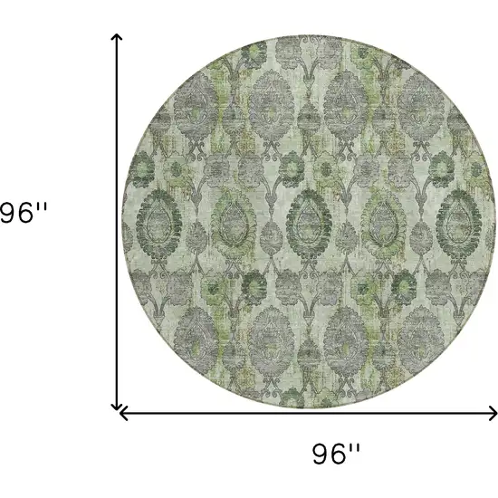 8' Artichoke Green And Fern Green Round Damask Washable Indoor Outdoor Area Rug Photo 3