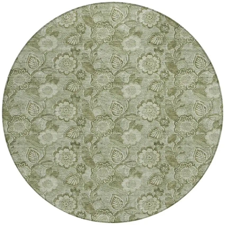 8' Artichoke Green And Fern Green Round Floral Washable Indoor Outdoor Area Rug Photo 3