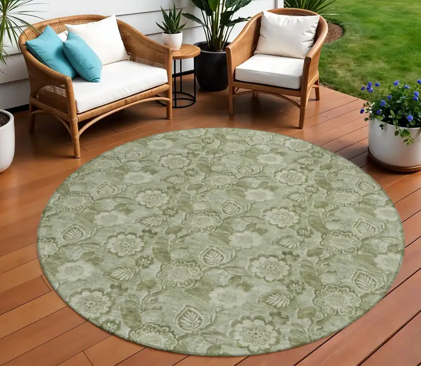 8' Artichoke Green And Fern Green Round Floral Washable Indoor Outdoor Area Rug Photo 2