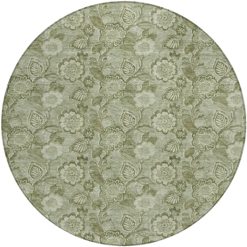 8' Artichoke Green And Fern Green Round Floral Washable Indoor Outdoor Area Rug Photo 1
