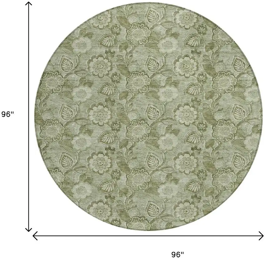 8' Artichoke Green And Fern Green Round Floral Washable Indoor Outdoor Area Rug Photo 9