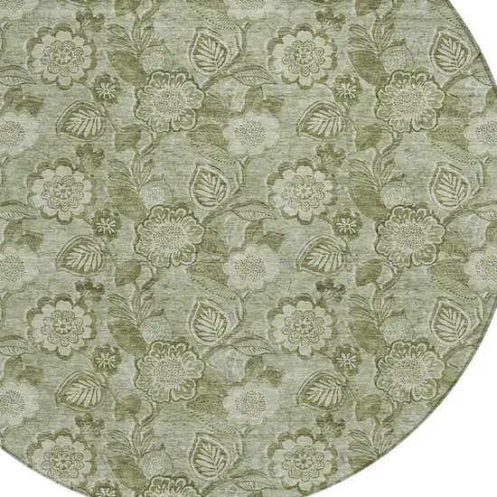 8' Artichoke Green And Fern Green Round Floral Washable Indoor Outdoor Area Rug Photo 8