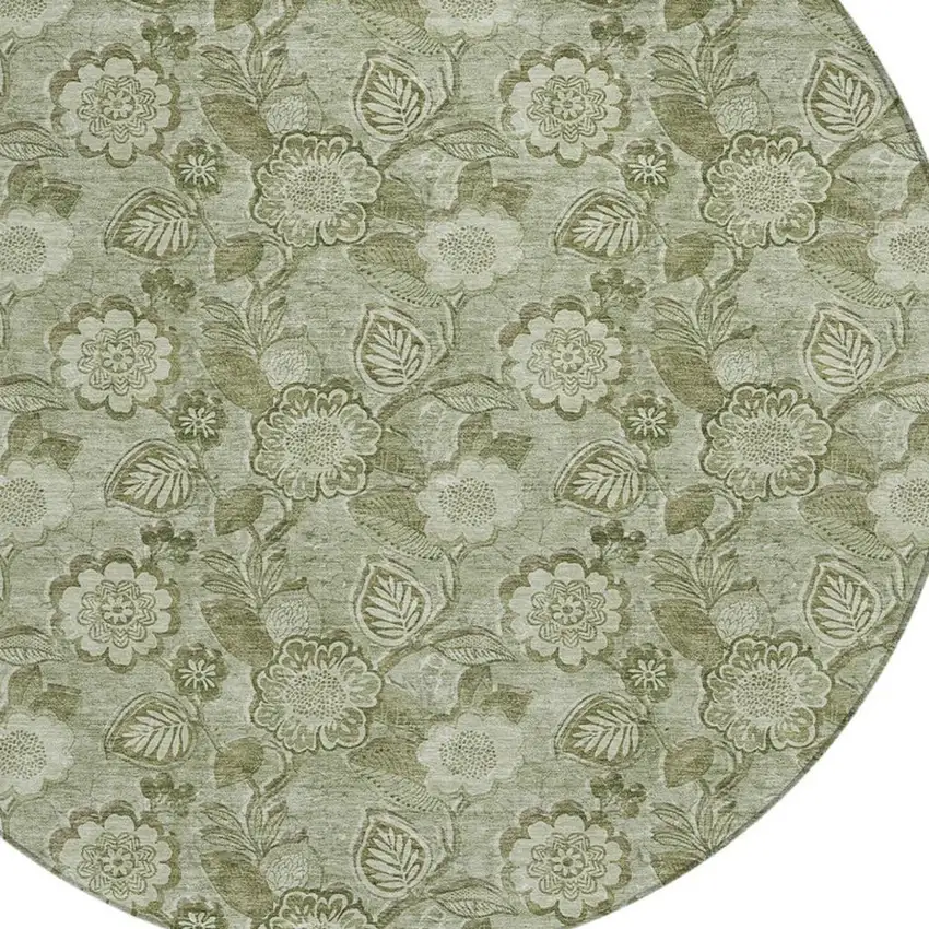 8' Artichoke Green And Fern Green Round Floral Washable Indoor Outdoor Area Rug Photo 8