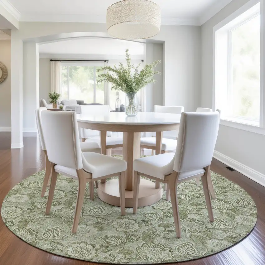 8' Artichoke Green And Fern Green Round Floral Washable Indoor Outdoor Area Rug Photo 6