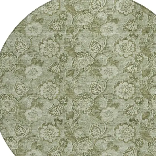 8' Artichoke Green And Fern Green Round Floral Washable Indoor Outdoor Area Rug Photo 4