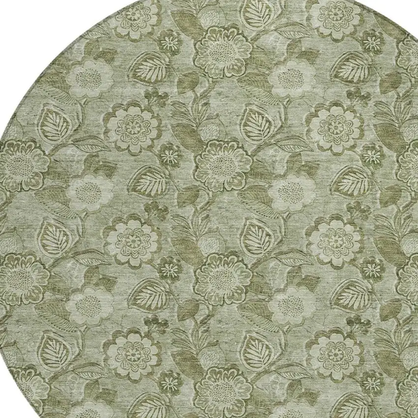 8' Artichoke Green And Fern Green Round Floral Washable Indoor Outdoor Area Rug Photo 4