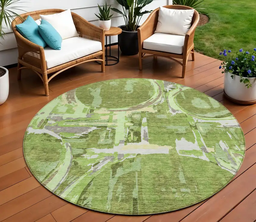8' Artichoke Green And Fern Green Round Geometric Washable Indoor Outdoor Area Rug Photo 1
