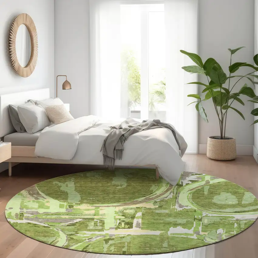 8' Artichoke Green And Fern Green Round Geometric Washable Indoor Outdoor Area Rug Photo 8