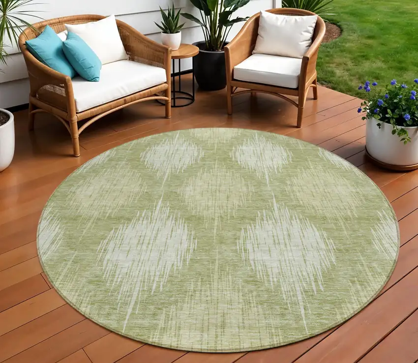 8' Artichoke Green And Fern Green Round Ikat Washable Indoor Outdoor Area Rug Photo 1