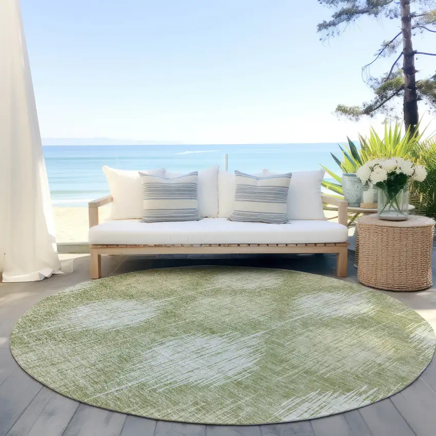 8' Artichoke Green And Fern Green Round Ikat Washable Indoor Outdoor Area Rug Photo 8