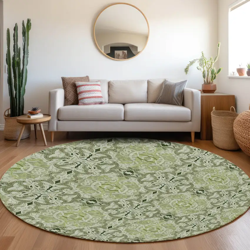 8' Artichoke Green And Fern Green Round Medallion Washable Indoor Outdoor Area Rug Photo 6