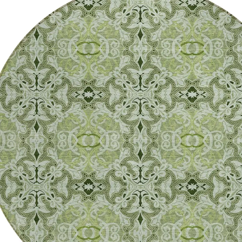 8' Artichoke Green And Fern Green Round Medallion Washable Indoor Outdoor Area Rug Photo 4