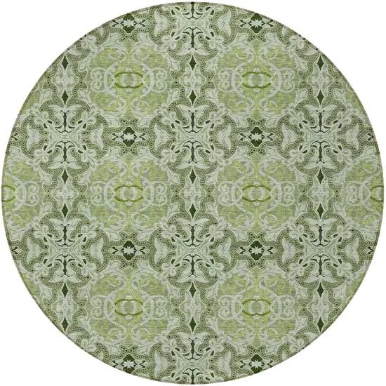 8' Artichoke Green And Fern Green Round Medallion Washable Indoor Outdoor Area Rug Photo 3