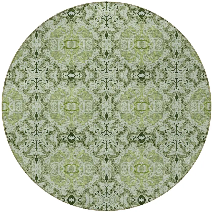 8' Artichoke Green And Fern Green Round Medallion Washable Indoor Outdoor Area Rug Photo 3