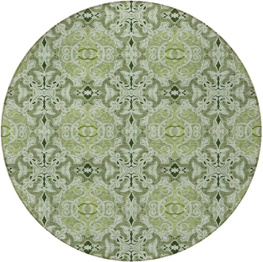 8' Artichoke Green And Fern Green Round Medallion Washable Indoor Outdoor Area Rug Photo 3