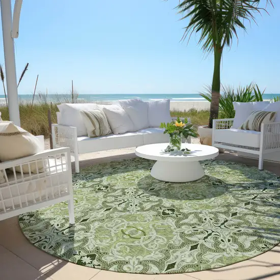 8' Artichoke Green And Fern Green Round Medallion Washable Indoor Outdoor Area Rug Photo 5